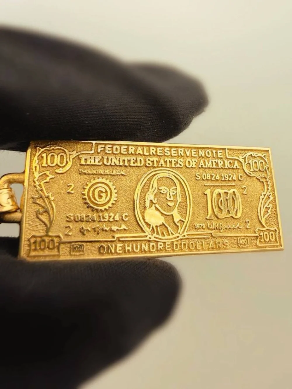 14k Solid Yellow Gold 100 Dollar Bill Money Banknote Charm Pendant Handmade